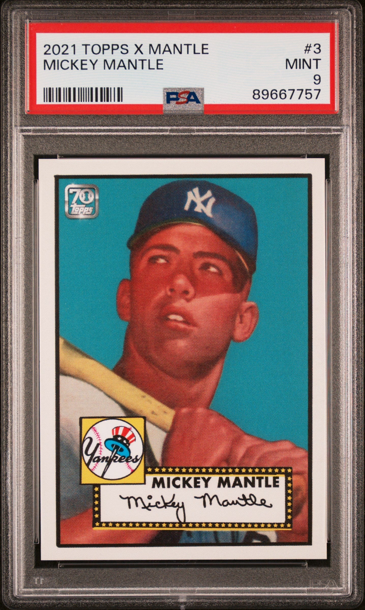 Graded 2021 Topps X Mantle Mickey Mantle #3 Rookie Reprint Baseball Card PSA 9 Mint