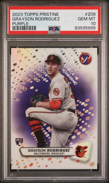 Graded 2023 Topps Pristine Grayson Rodriguez #209 Purple #/99 Rookie RC Baseball Card PSA 10 Gem Mint