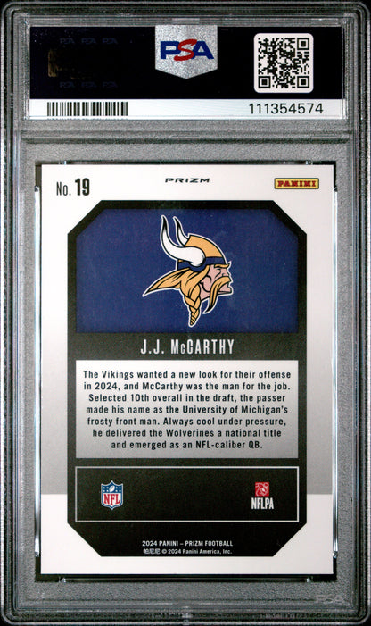 Graded 2024 Panini Prizm JJ McCarthy #19 Emergent Green Rookie RC Football Card PSA 10 Gem Mint