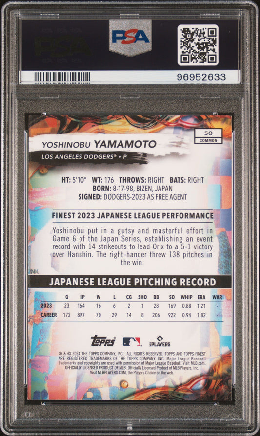 Graded 2024 Topps Finest Yoshinobu Yamamoto #50 Checkerboard Refractor Rookie RC Baseball Card PSA 10 Gem Mint