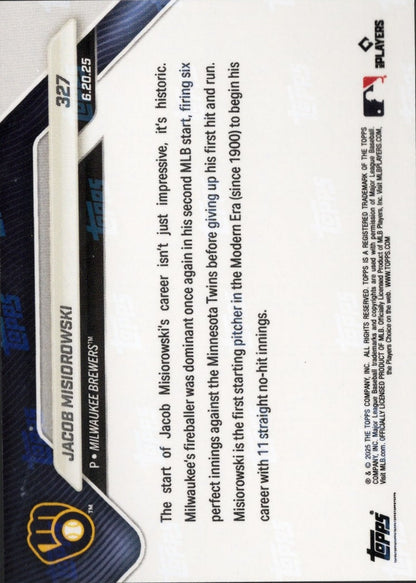 2025 Topps Now Jacob Misiorowski #327 Orange Foil /25 Milwaukee Brewers Rookie RC Baseball Card