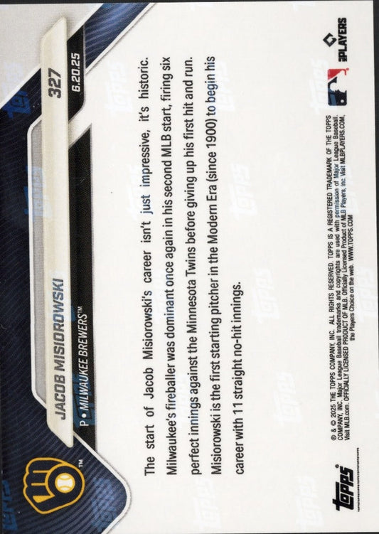 2025 Topps Now Jacob Misiorowski #327 Gold Foil /50 Milwaukee Brewers Rookie RC Baseball Card