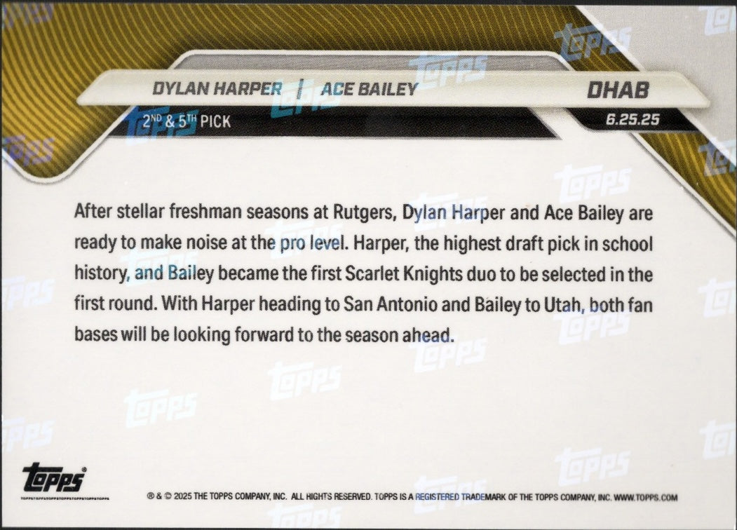 2025 Topps Now Dylan Harper/Ace Bailey #DHAB Blue Foil /75 Rookie RC Basketball Card