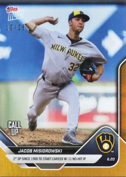 2025 Topps Now Jacob Misiorowski #327 Orange Foil /25 Milwaukee Brewers Rookie RC Baseball Card