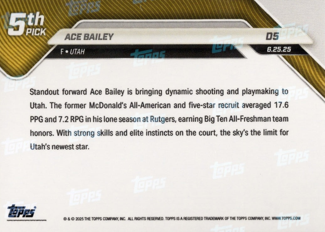 2025 Topps Now Ace Bailey #D5 Gold Foil /50 Utah Jazz Rookie RC Basketball Card