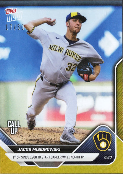 2025 Topps Now Jacob Misiorowski #327 Gold Foil /50 Milwaukee Brewers Rookie RC Baseball Card