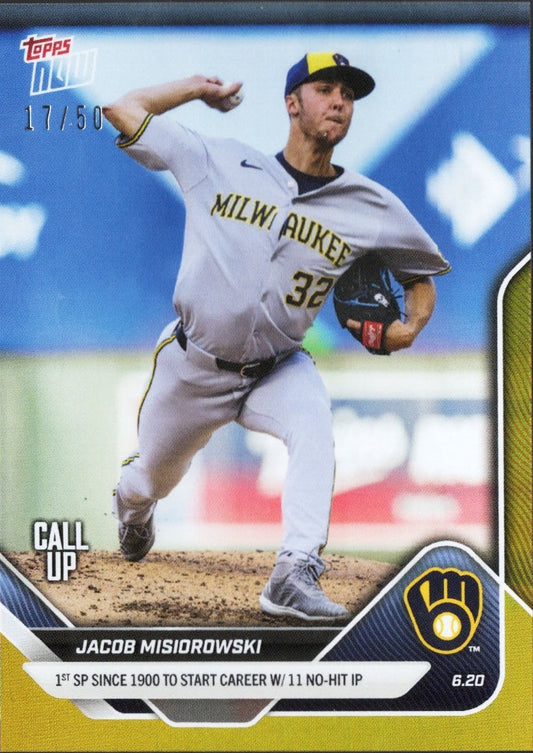 2025 Topps Now Jacob Misiorowski #327 Gold Foil /50 Milwaukee Brewers Rookie RC Baseball Card