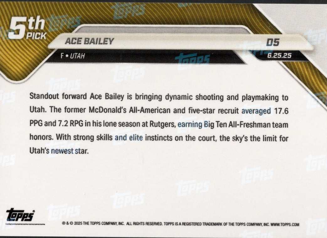 2025 Topps Now Ace Bailey #D5 Green Foil /99 Utah Jazz Rookie RC Basketball Card