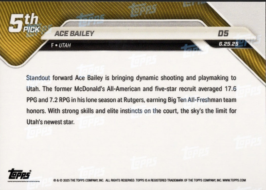 2025 Topps Now Ace Bailey #D5 Blue Foil /75 Utah Jazz Rookie RC Basketball Card