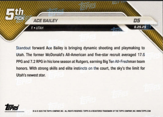 2025 Topps Now Ace Bailey #D5 Blue Foil /75 Utah Jazz Rookie RC Basketball Card