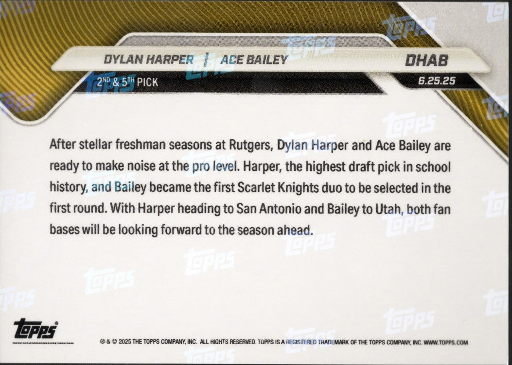 2025 Topps Now Dylan Harper/Ace Bailey #DHAB Gold Foil /50 Rookie RC Basketball Card