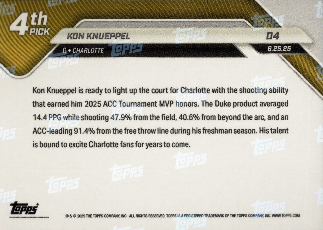 2025 Topps Now Kon Knueppel #D4 Blue Foil /75 Charlotte Hornets Rookie RC Basketball Card