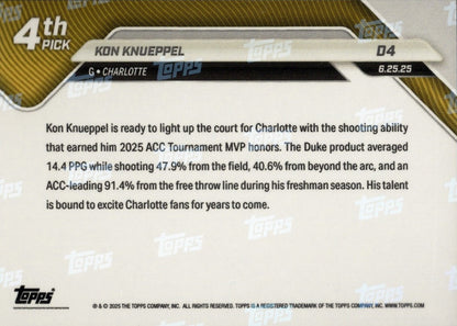2025 Topps Now Kon Knueppel #D4 Blue Foil /75 Charlotte Hornets Rookie RC Basketball Card