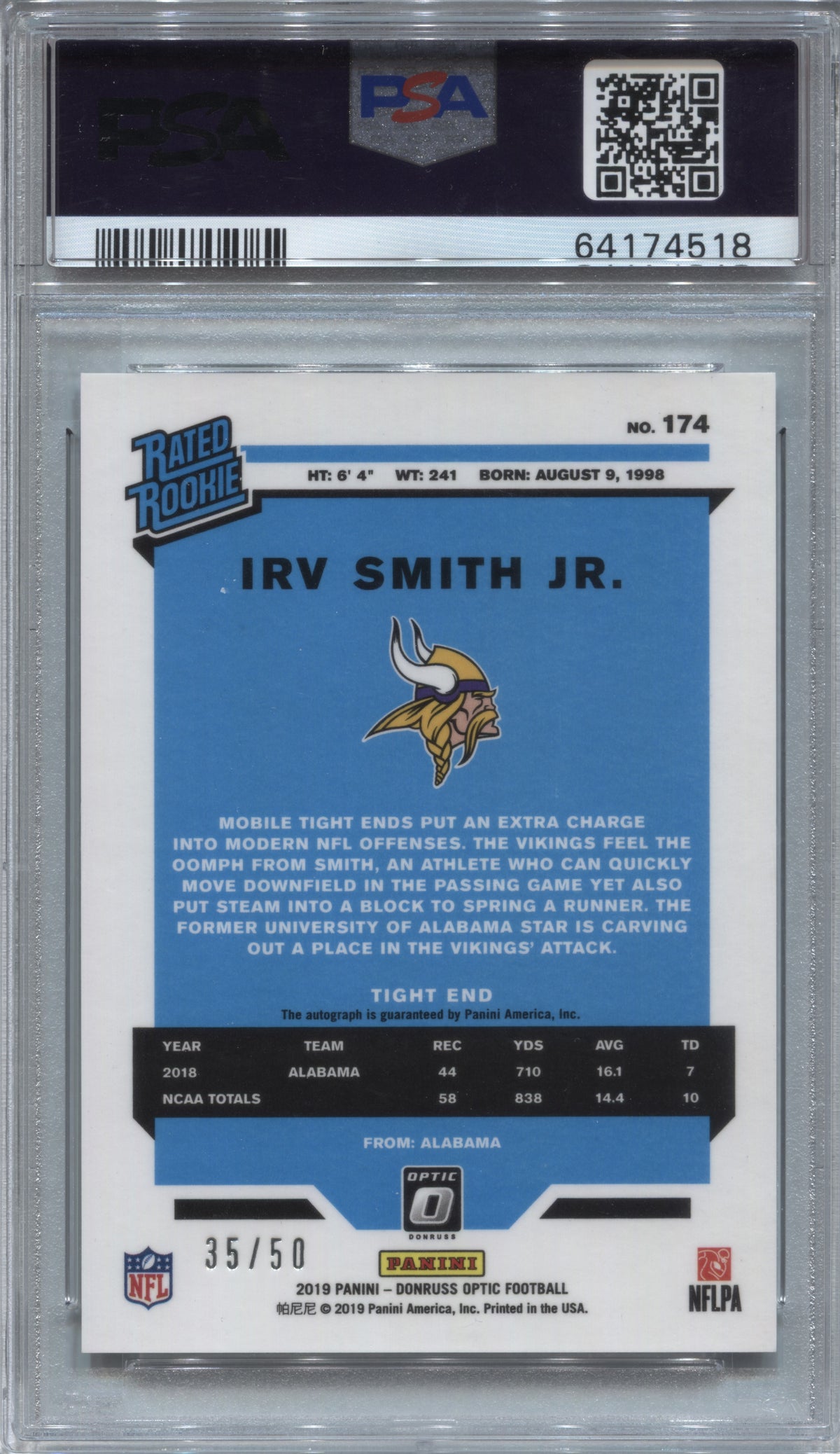 2019 Donruss Optic Irv Smith Jr. Rated Rookie Auto /50 PSA 10 #174 Vikings