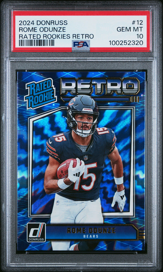 Graded 2024 Panini Donruss Rome Odunze #12 Rated Rookies Retro Rookie RC Football Card PSA 10 Gem Mint