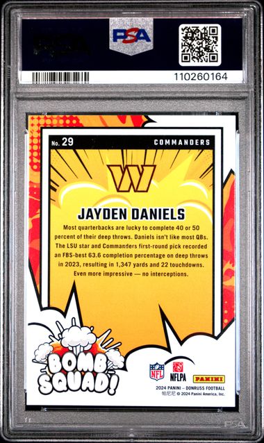 Graded 2024 Panini Donruss Jayden Daniels #29 Bomb Squad Rookie RC Football Card PSA 9 Mint