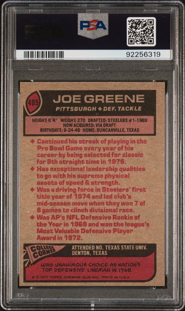 Graded 1977 Topps Joe Greene #405 Football Card PSA 7 Near Mint