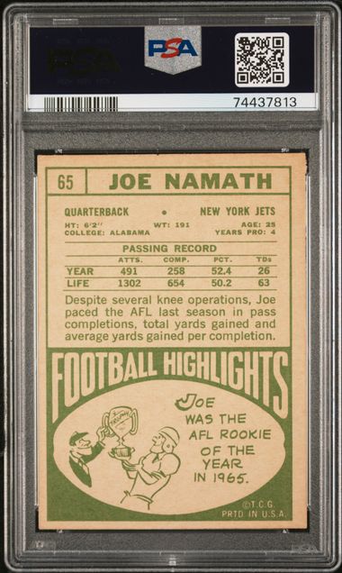 Graded 1968 Topps Joe Namath #65 Football Card PSA 4 VG-EX