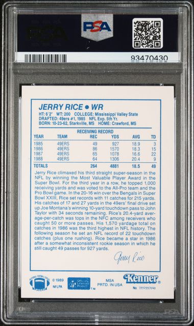 Graded 1989 Kenner Starting Lineup Jerry Rice Football Card PSA 8 NM-MT