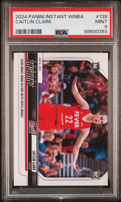 Graded 2024 Panini Instant WNBA Caitlin Clark #139 First Rookie With Triple Double Rookie RC Basketball Card PSA 9 Mint
