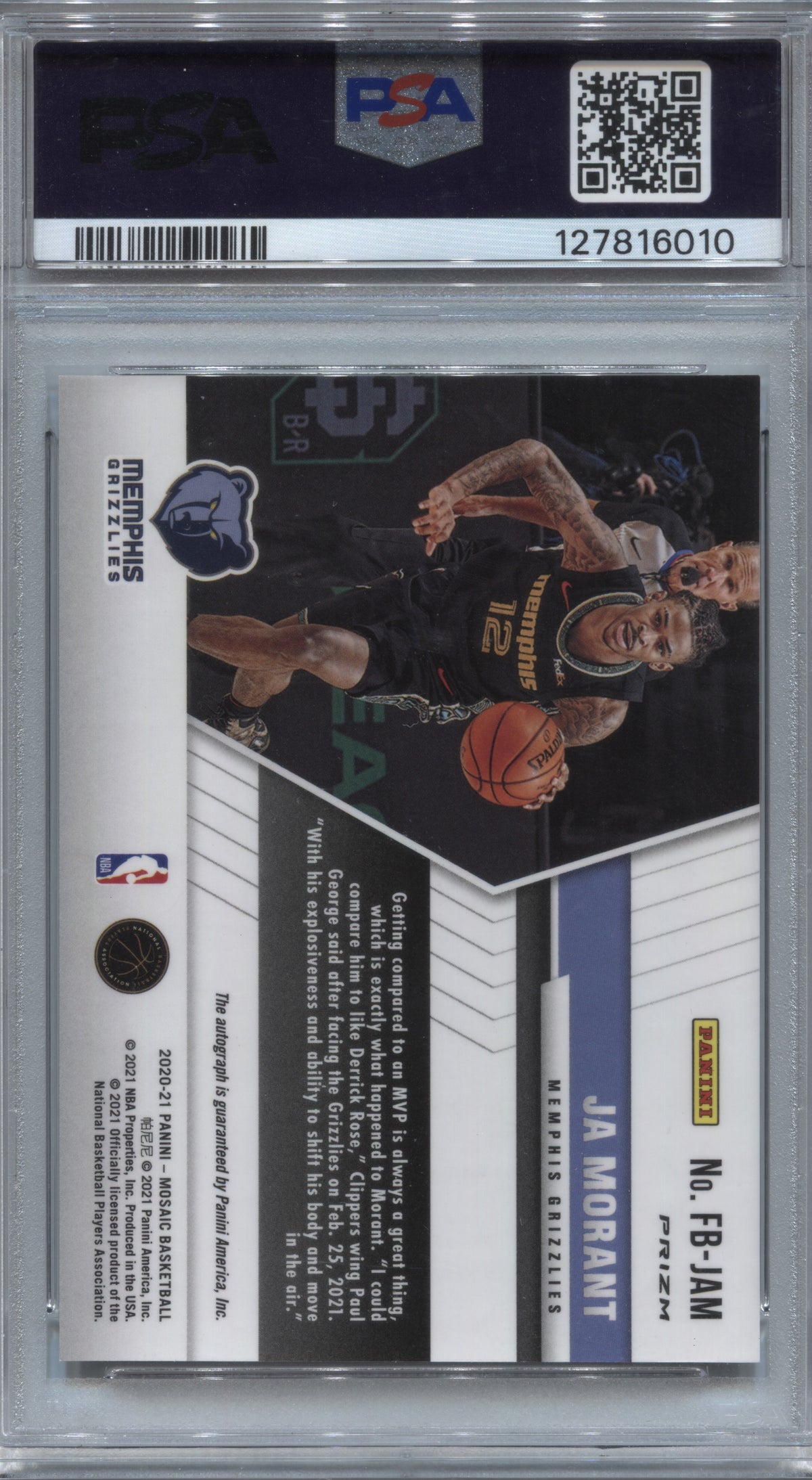 2020-21 Panini Mosaic Ja Morant Fast Break Auto #FB-JAM PSA 10 Grizzlies