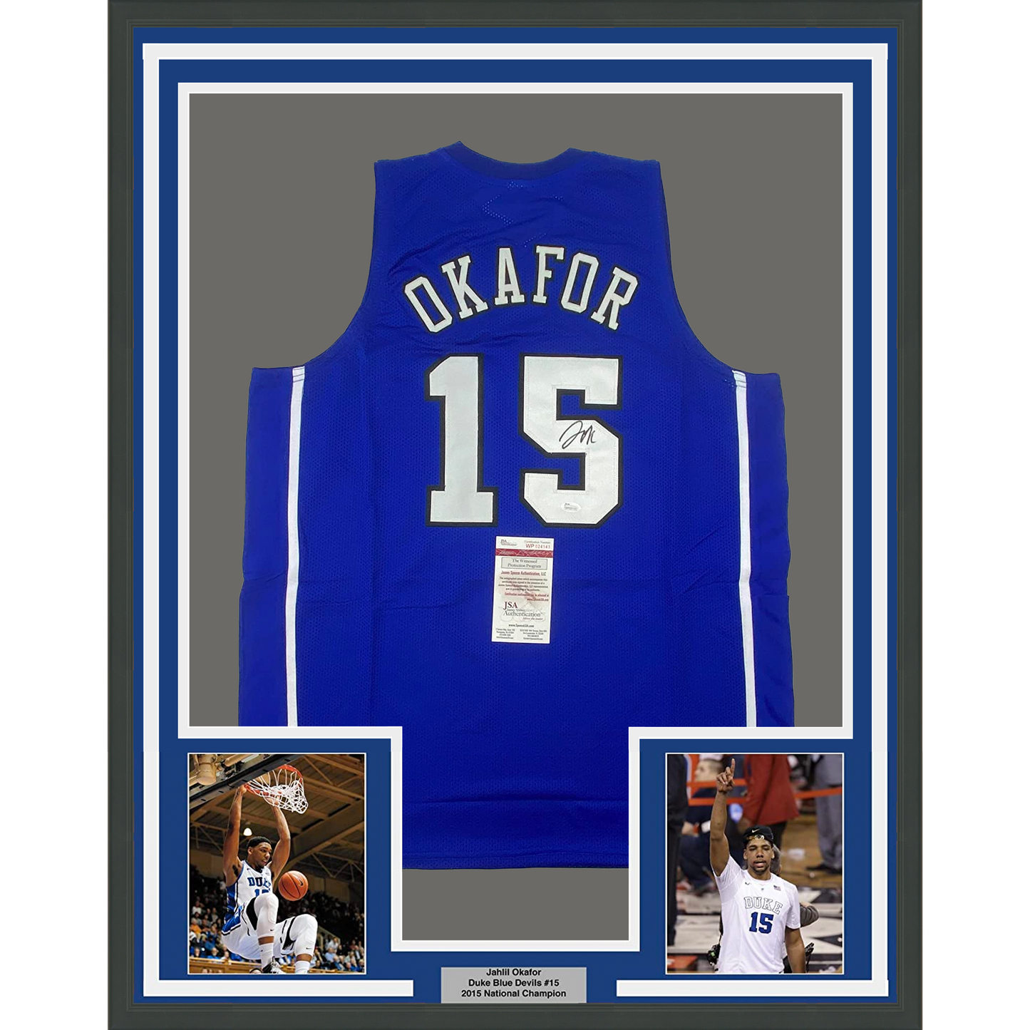 Framed Autographed/Signed Jahlil Okafor 35x39 Duke Blue College Basketball Jersey JSA COA