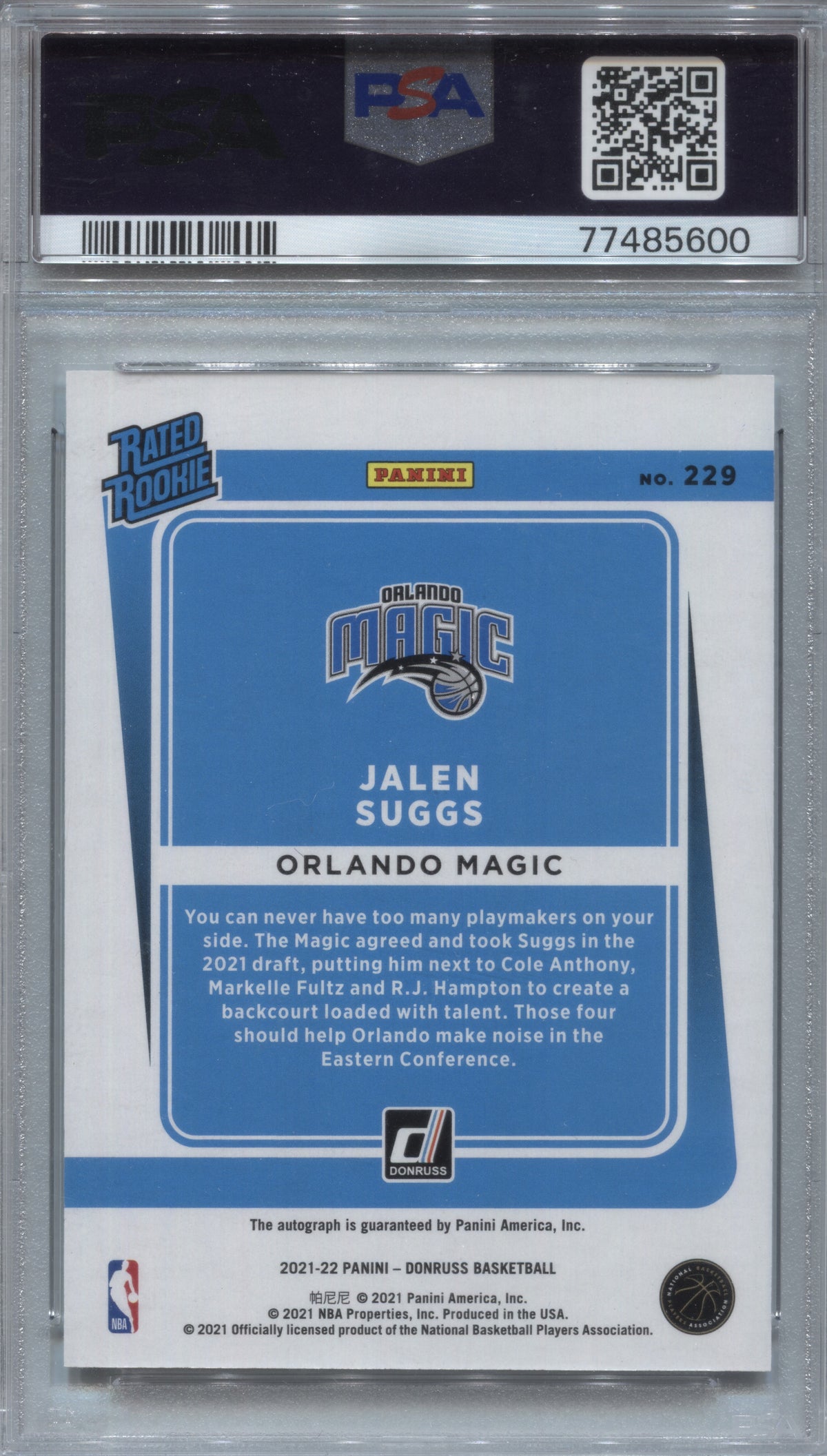 2021-22 Panini Donruss Jalen Suggs Rated Rookie Choice Auto #229 PSA 10