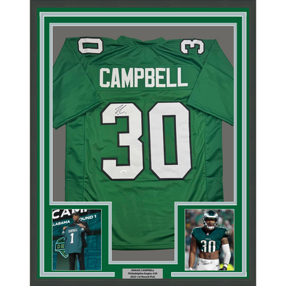 Framed Autographed/Signed Jihaad Campbell 35x39 Philadelphia Kelly Green Football Jersey JSA COA