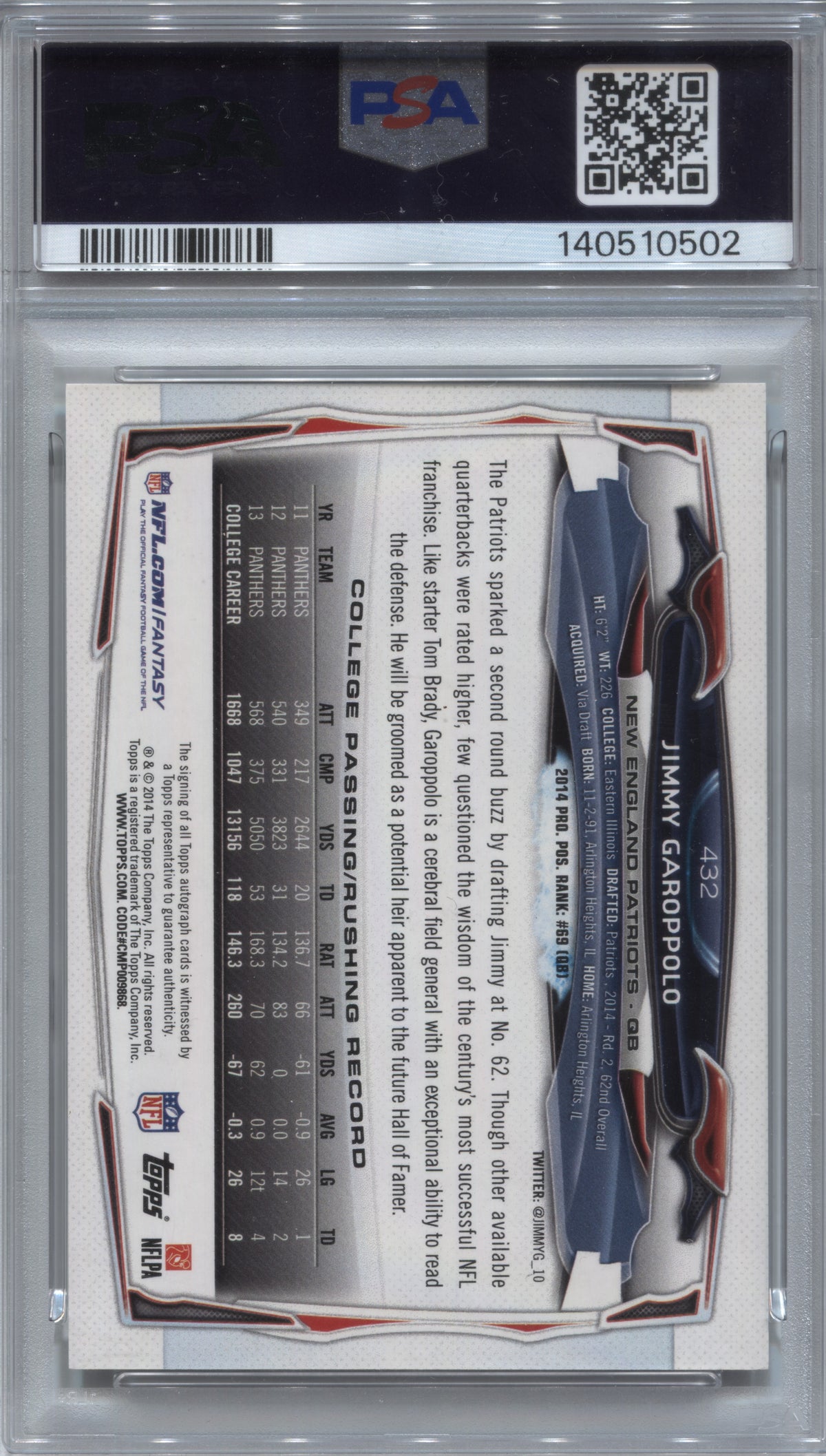 2014 Topps Jimmy Garoppolo One Hand on Ball SP Rookie Auto #432 PSA 10