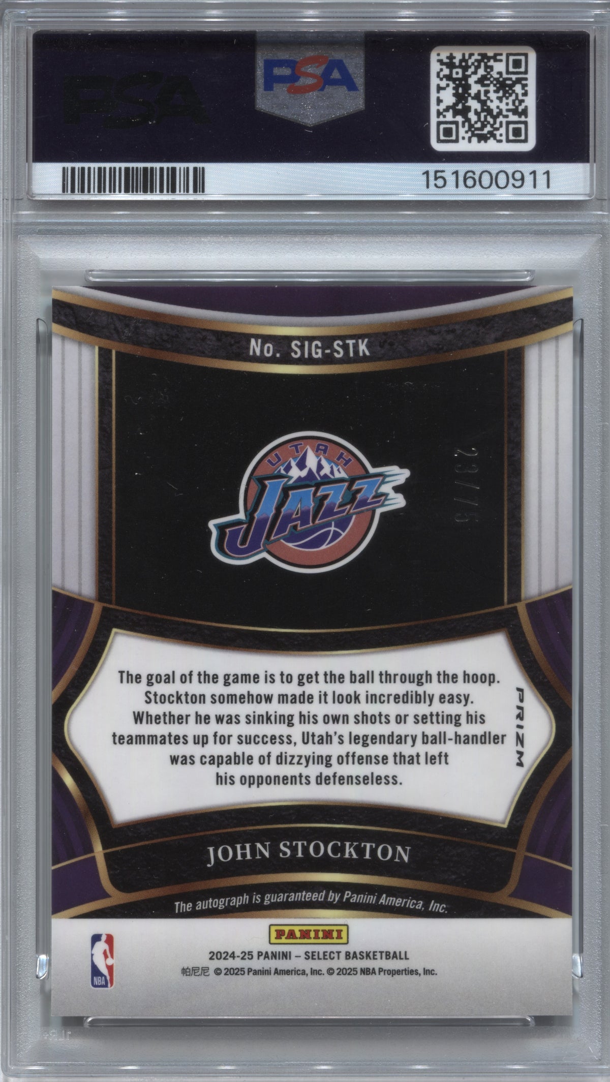 2024-25 Panini Select John Stockton Signatures Auto /75 #SIG-STK PSA 10