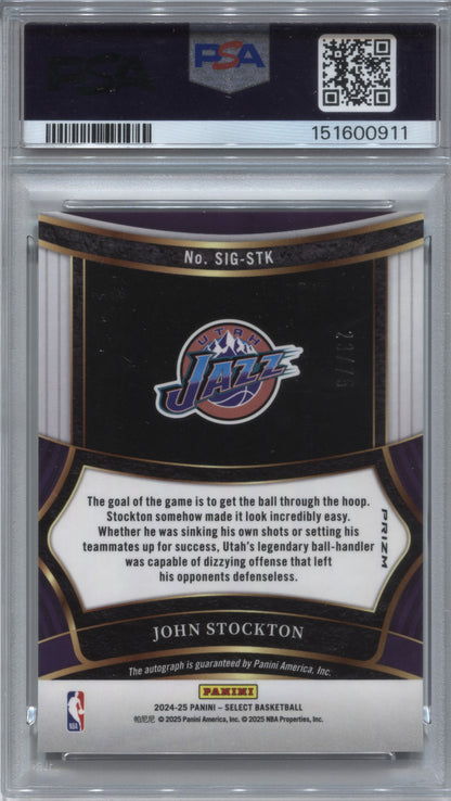 2024-25 Panini Select John Stockton Signatures Auto /75 #SIG-STK PSA 10
