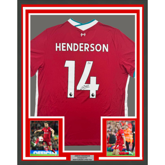 Framed Autographed/Signed Jordan Henderson 35x39 Liverpool Red Soccer Jersey Beckett BAS COA