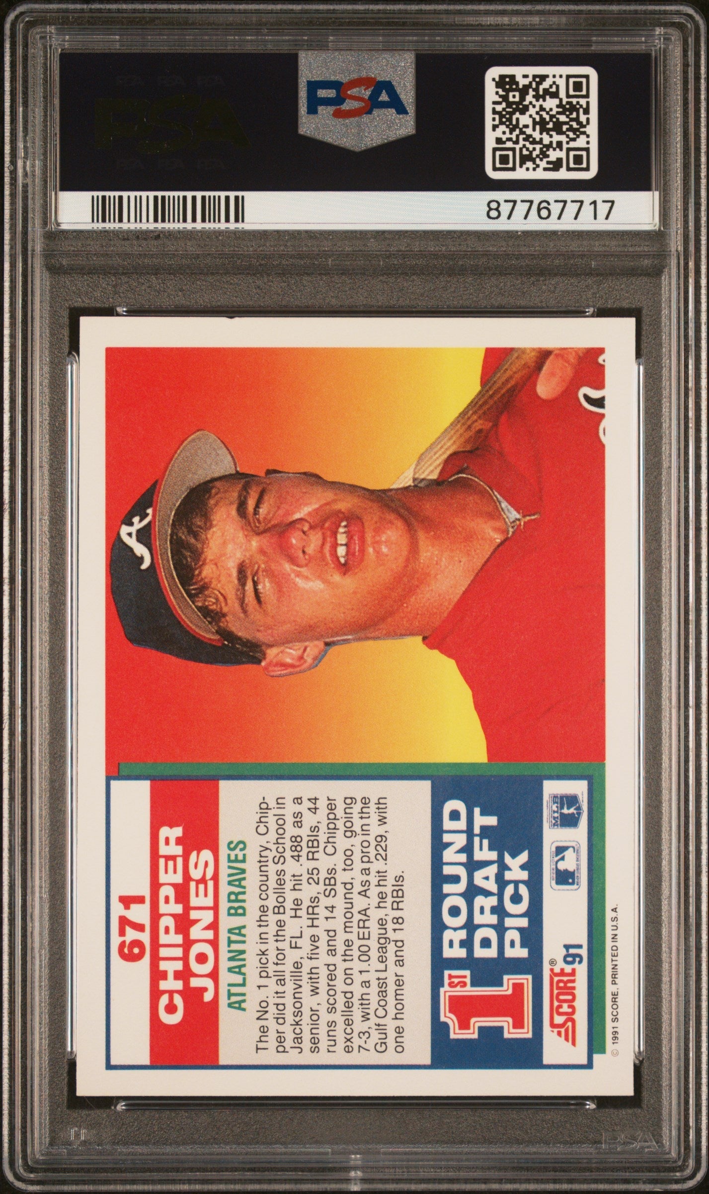Graded 1991 Score Chipper Jones #671 Rookie RC Baseball Card PSA 10 Gem Mint