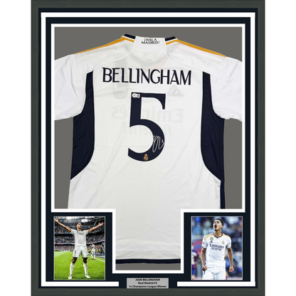 Framed Autographed/Signed Jude Bellingham 35x39 Real Madrid White Soccer Jersey Beckett BAS COA