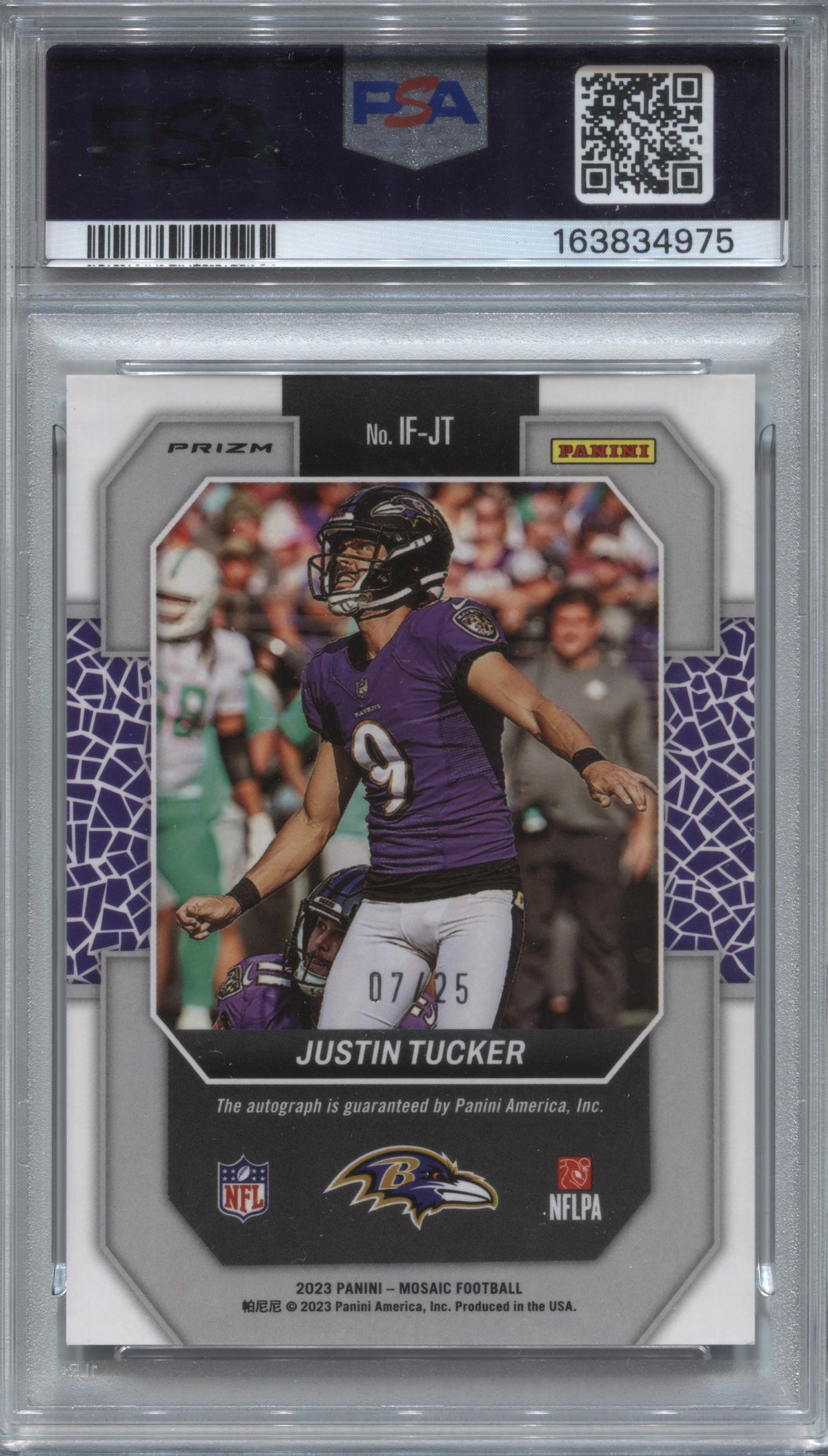 2023 Panini Mosaic Justin Tucker In Focus White Prizm Auto /25 PSA 10 Ravens