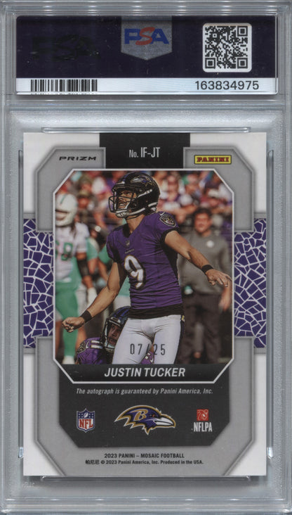 2023 Panini Mosaic Justin Tucker In Focus White Prizm Auto /25 PSA 10 Ravens