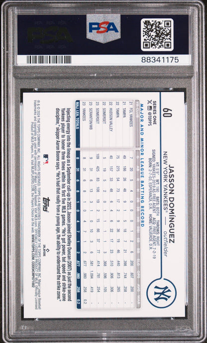 Graded 2024 Topps Jasson Dominguez #60 Rookie RC Baseball Card PSA 10 Gem Mint