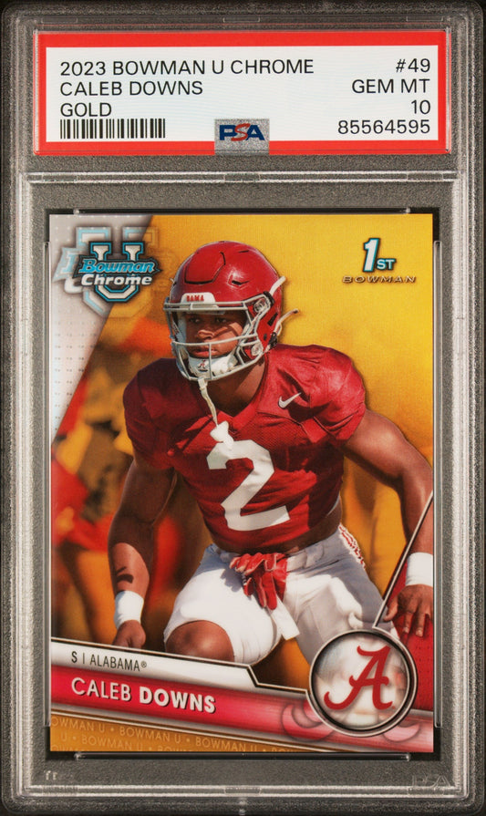 Graded 2023 Topps Bowman U Chrome Caleb Downs #49 Gold #/50 Rookie RC Football Card PSA 10 Gem Mint