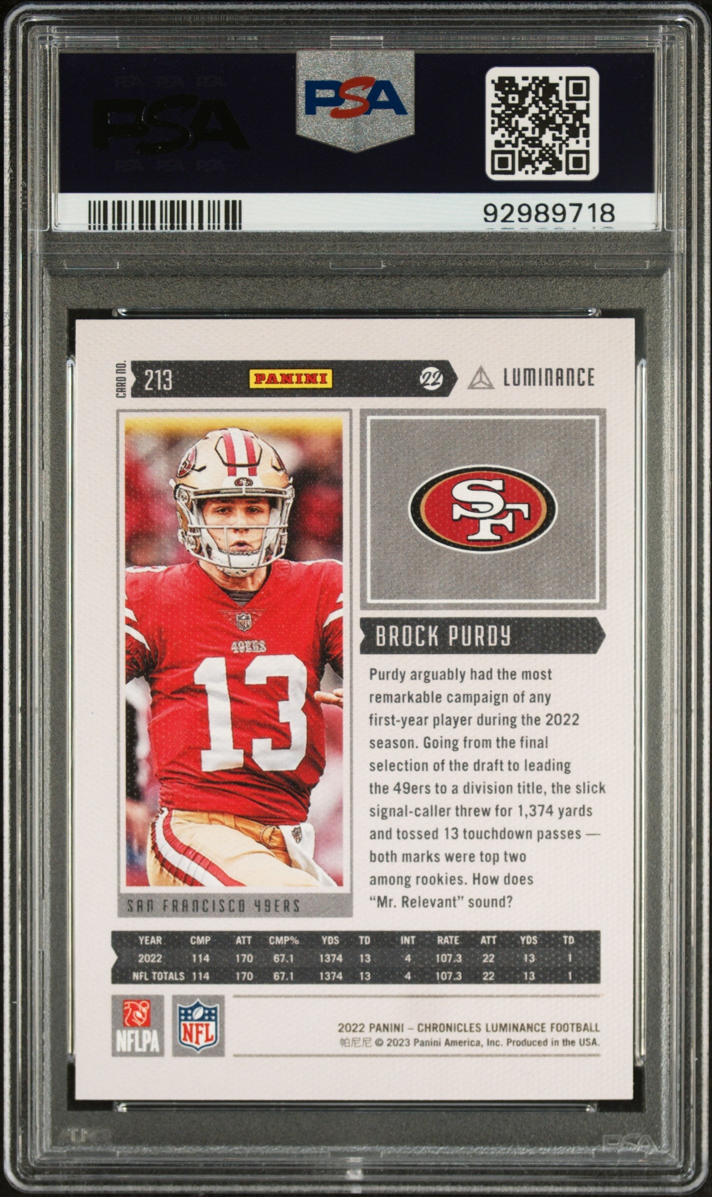 Graded 2022 Panini Chronicles Brock Purdy #213 Luminance Update Rookies Bronze Rookie RC Football Card PSA 10 Gem Mint