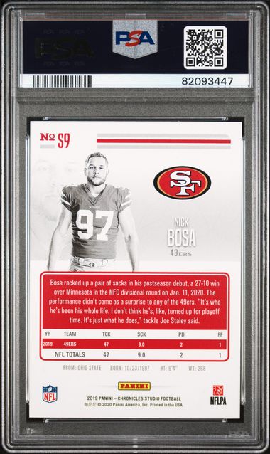 Graded 2019 Panini Chronicles Nick Bosa #S9 Studio Red Rookie RC Football Card PSA 10 Gem Mint