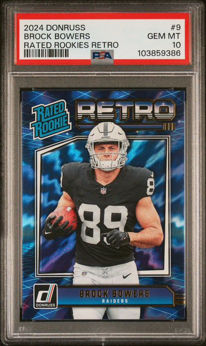 Graded 2024 Panini Donruss Brock Bowers #9 Rated Rookies Retro Rookie RC Football Card PSA 10 Gem Mint
