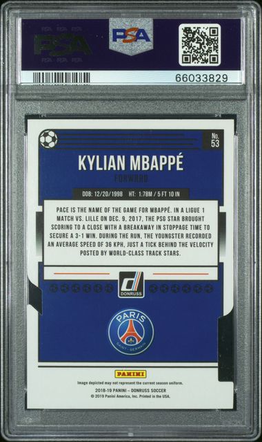 Graded 2018 Panini Donruss Press Proof Die Cuts Kylian Mbappe #53 /100 Soccer Card PSA 9 Mint