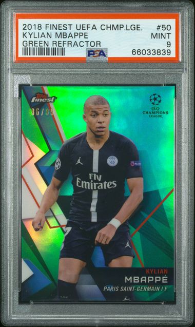 Graded 2018 Topps Finest UCL Kylian Mbappe #FRANCE Green Refractor /99 Soccer Card PSA 9 Mint