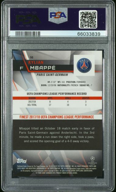 Graded 2018 Topps Finest UCL Kylian Mbappe #FRANCE Green Refractor /99 Soccer Card PSA 9 Mint