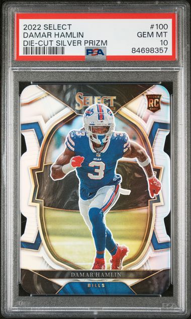 Graded 2022 Panini Select Damar Hamlin #100 Die-Cut Silver Prizm Rookie RC Football Card PSA 10 Gem Mint