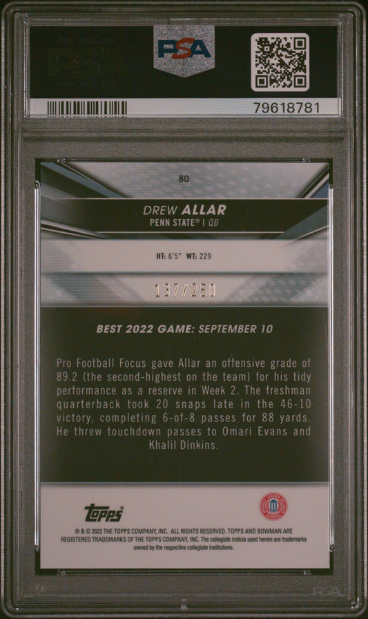 Graded 2022 Topps Bowman Best University Drew Allar #80 Purple Refractor #/250 Rookie RC Football Card PSA 10 Gem Mint