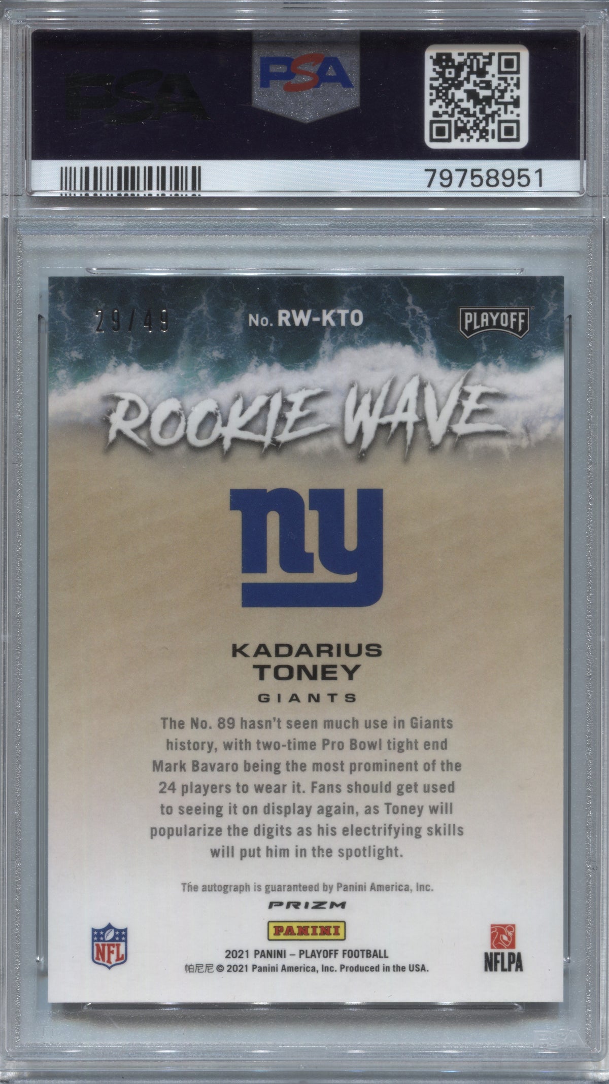 2021 Playoff Kadarius Toney Rookie Wave Auto /49 PSA 10 Giants #RW-KTO