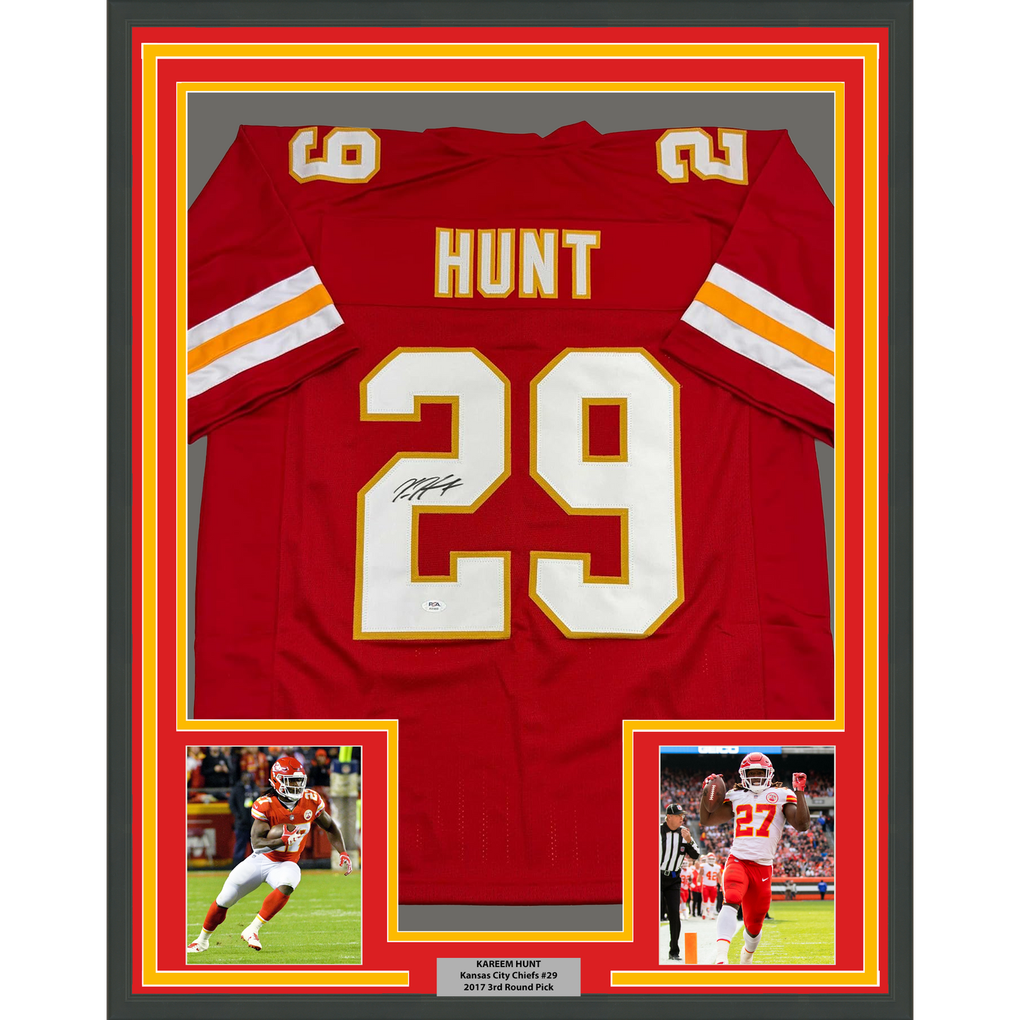 Framed Autographed/Signed Kareem Hunt 35x39 Kansas City Red Football Jersey PSA COA