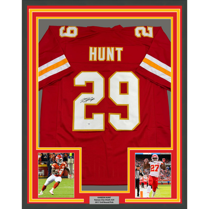 Framed Autographed/Signed Kareem Hunt 35x39 Kansas City Red Football Jersey PSA COA