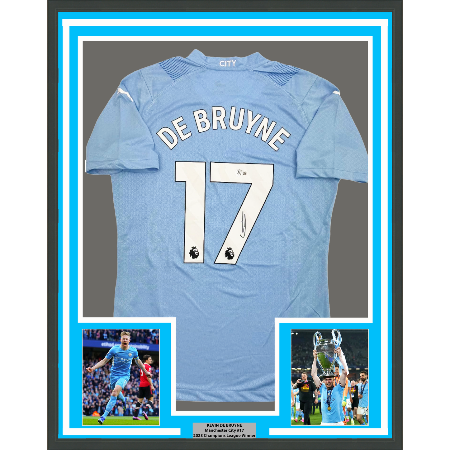 Framed Autographed/Signed Kevin De Bruyne 35x39 Manchester City Blue Soccer Futbol Jersey Beckett BAS COA